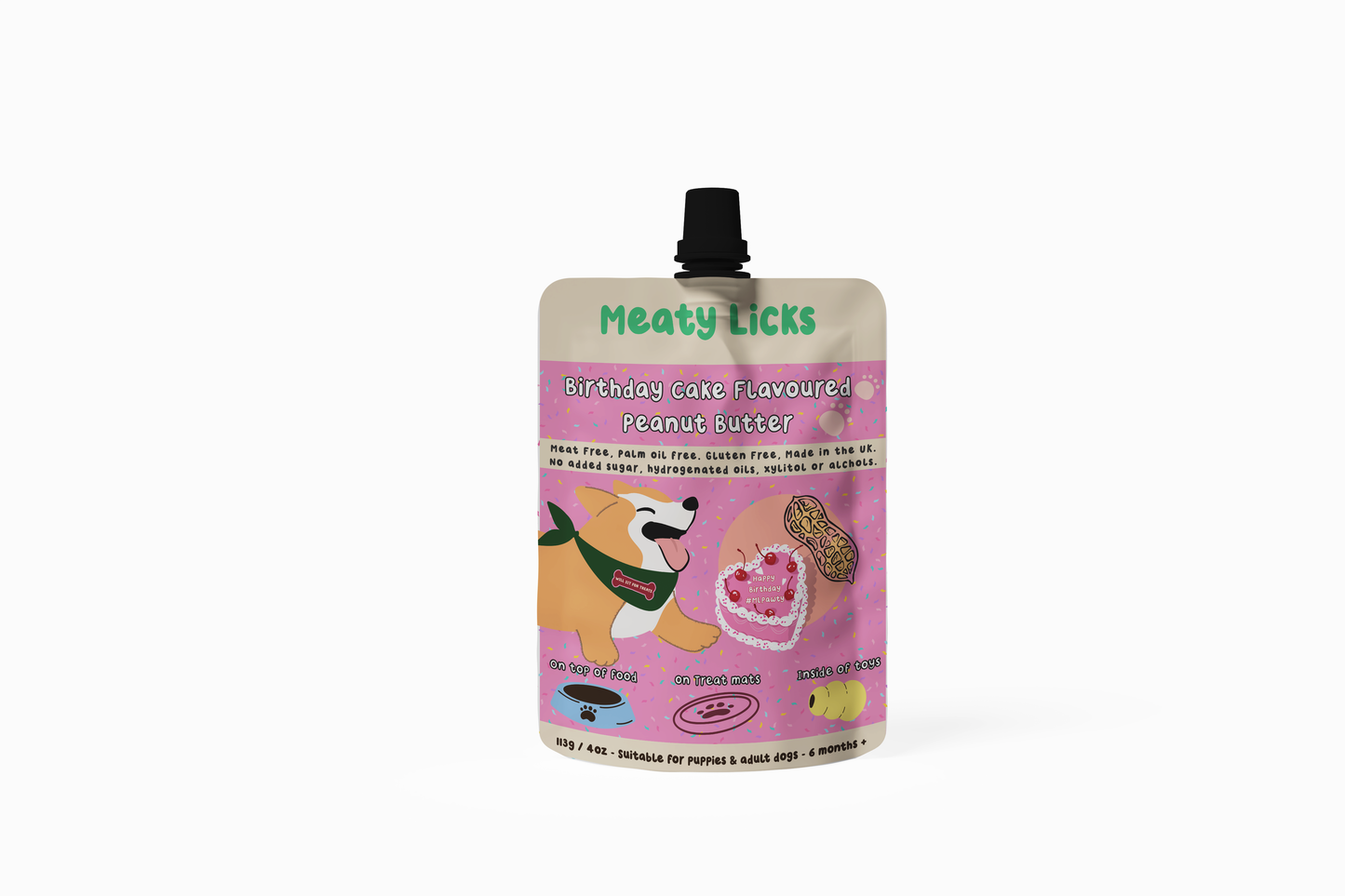 Sachet de beurre de cacahuète aromatisé à gâteau d'anniversaire pour chiens 113g/4oz